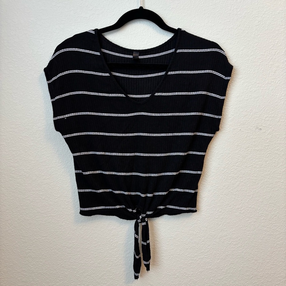 Black and White Striped Tie Front Dolman Sleeve Shirt